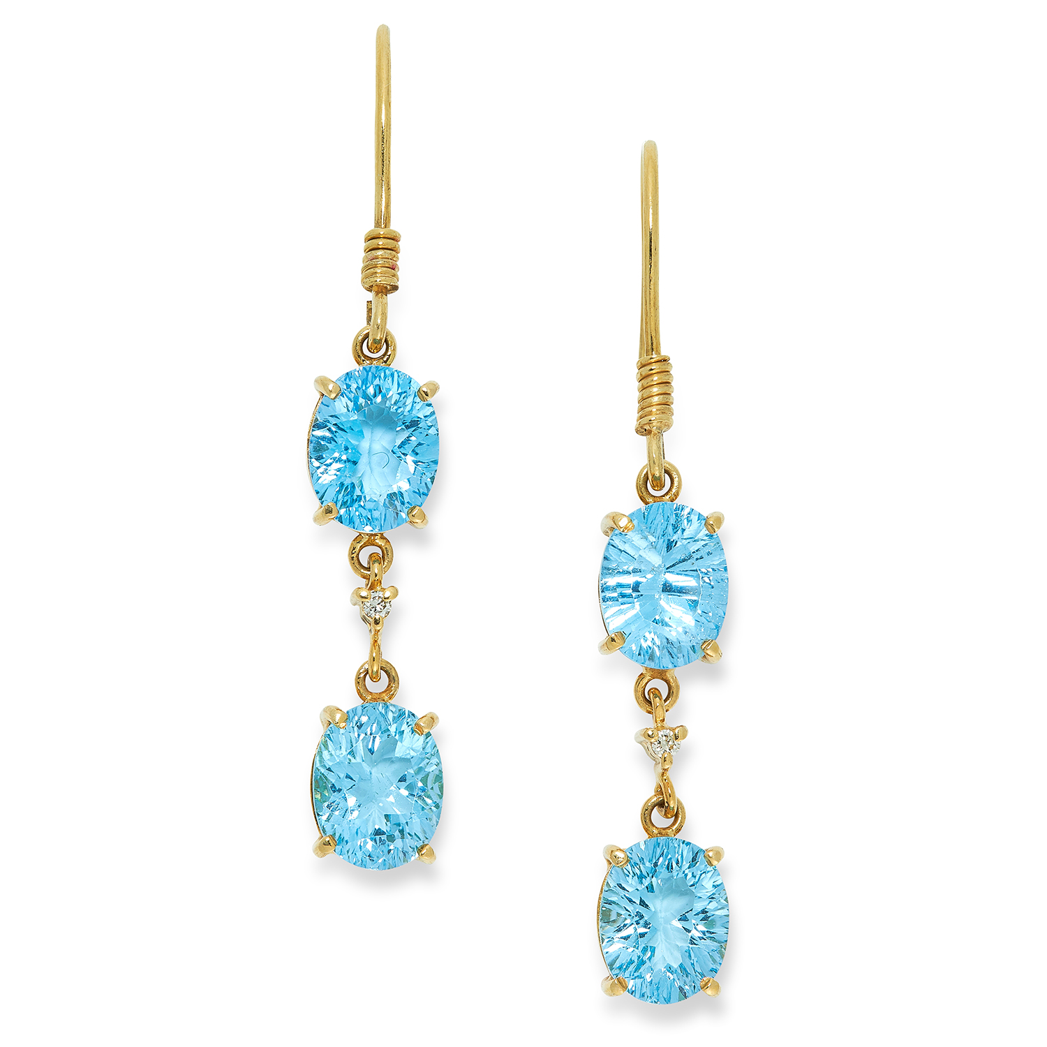 BLUE TOPAZ AND DIAMOND EARRINGS set with oval cut blue topaz and round cut diamonds, 5.2cm, 6.6g.