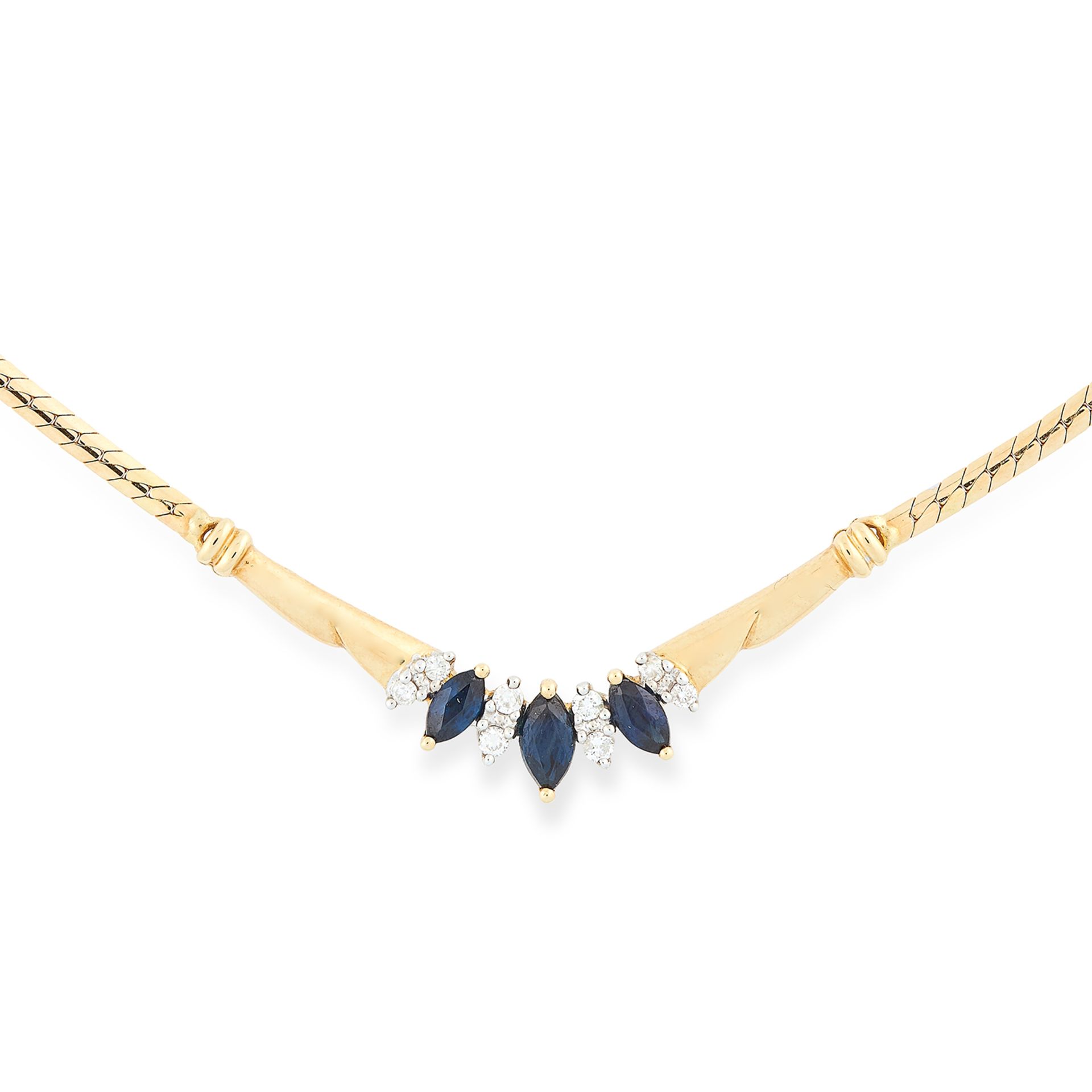 SAPPHIRE AND DIAMOND EARRING AND NECKLACE SUITE set with marquise cut sapphires and round cut