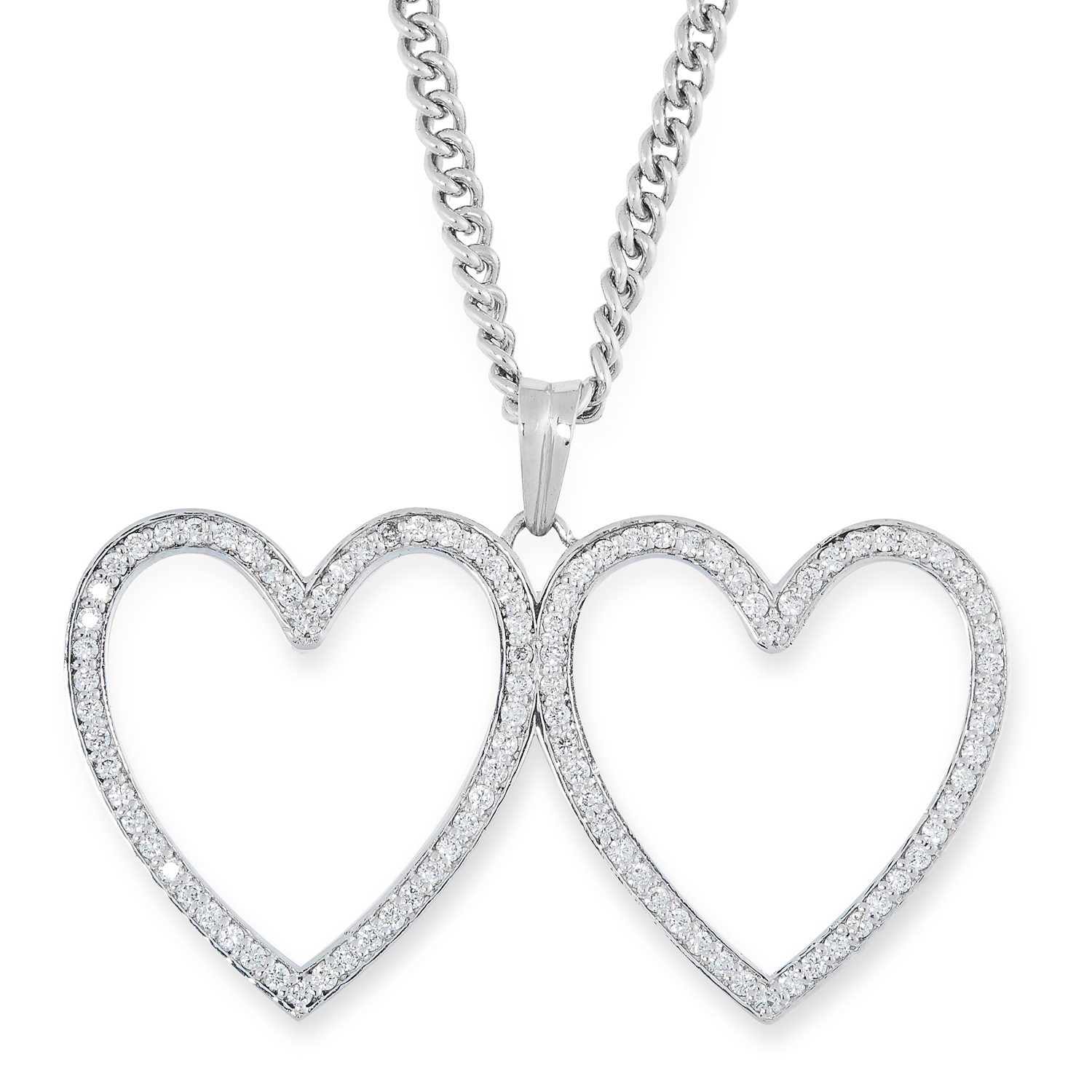 A DOUBLE OPEN HEART PENDANT AND CHAIN the double open heart pendant set with 1.03 carats of round