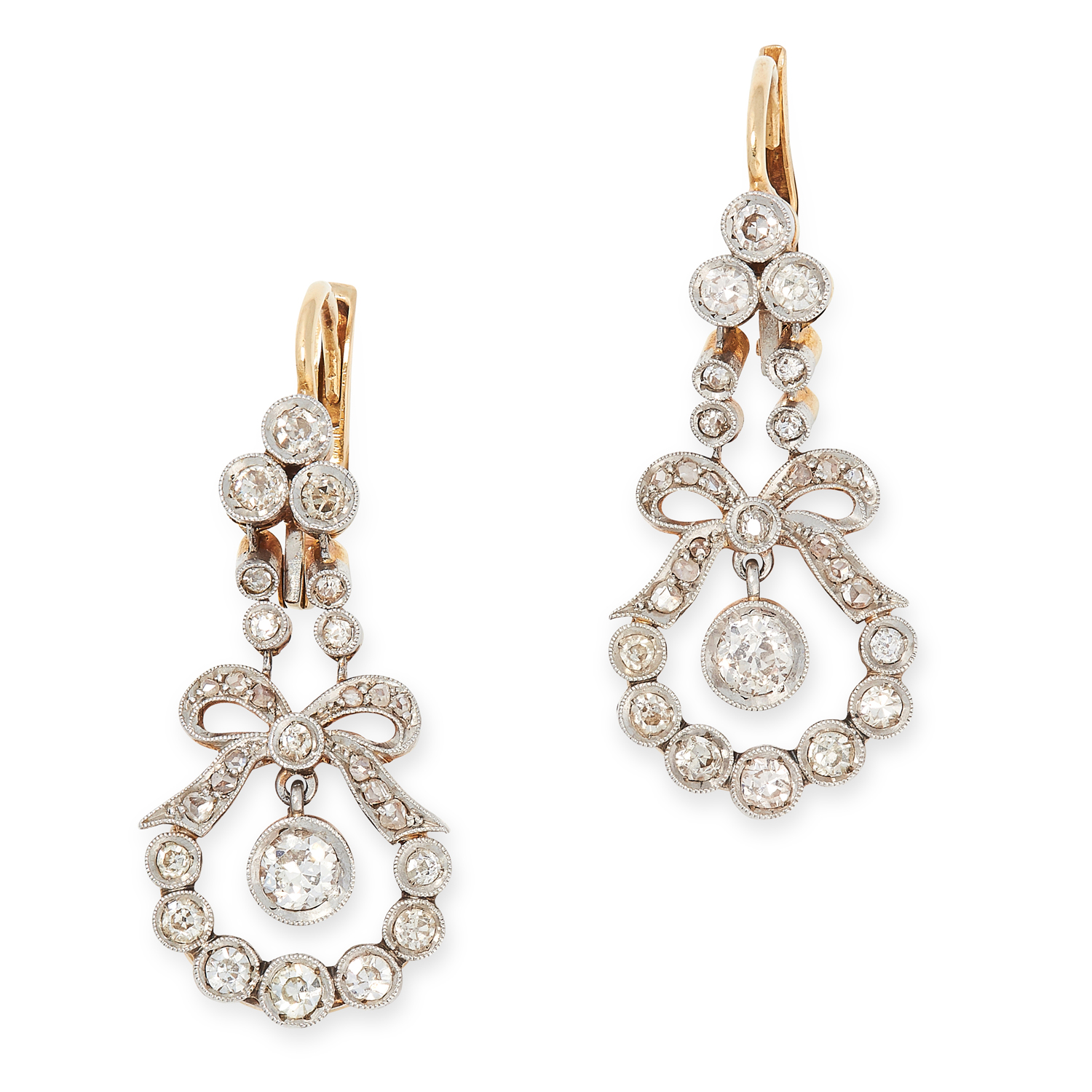 A PAIR OF ANTIQUE DIAMOND EARRINGS the articulated bodies formed of ribbon and bow motifs, set