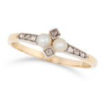 AN ANTIQUE PEARL AND DIAMOND RING in yellow gold, in quatrefoil motif, set with two pearls
