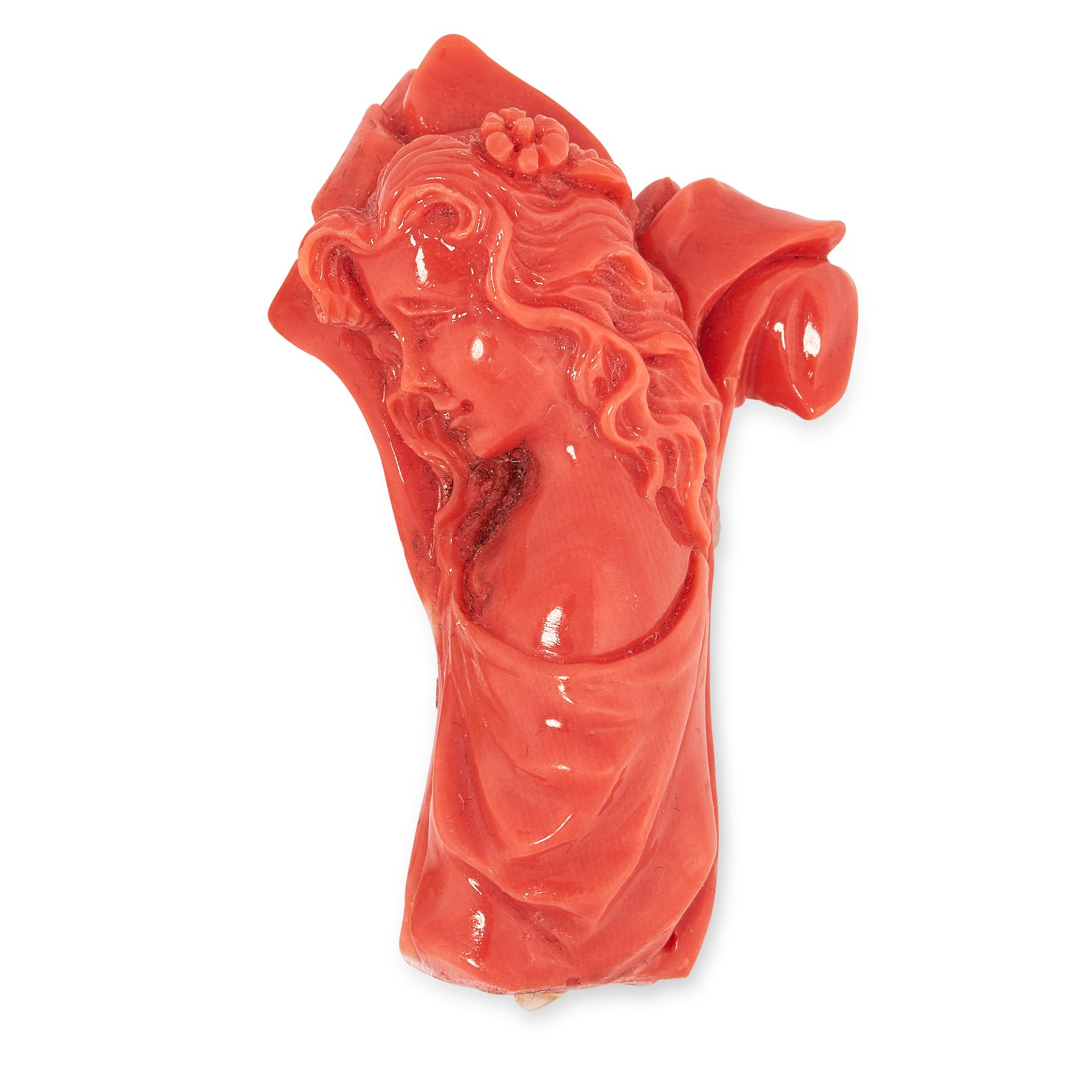 TWO ANTIQUE CORAL CARVINGS one depicting the bust of a lady, the other depicting an Indian God, 4.