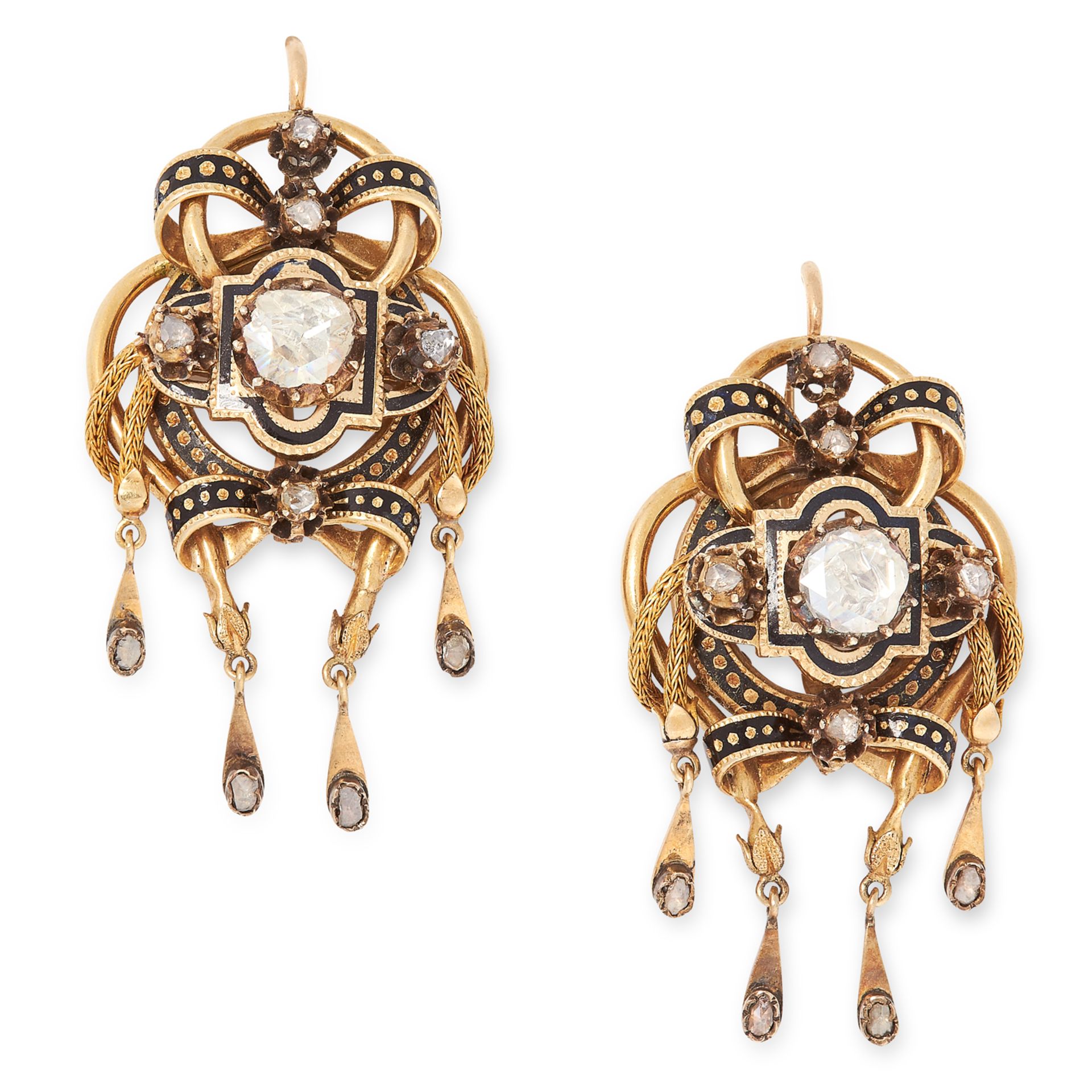 A PAIR OF ANTIQUE ENAMEL AND DIAMOND EARRINGS, SPANISH 19TH CENTURY in yellow gold, set with central