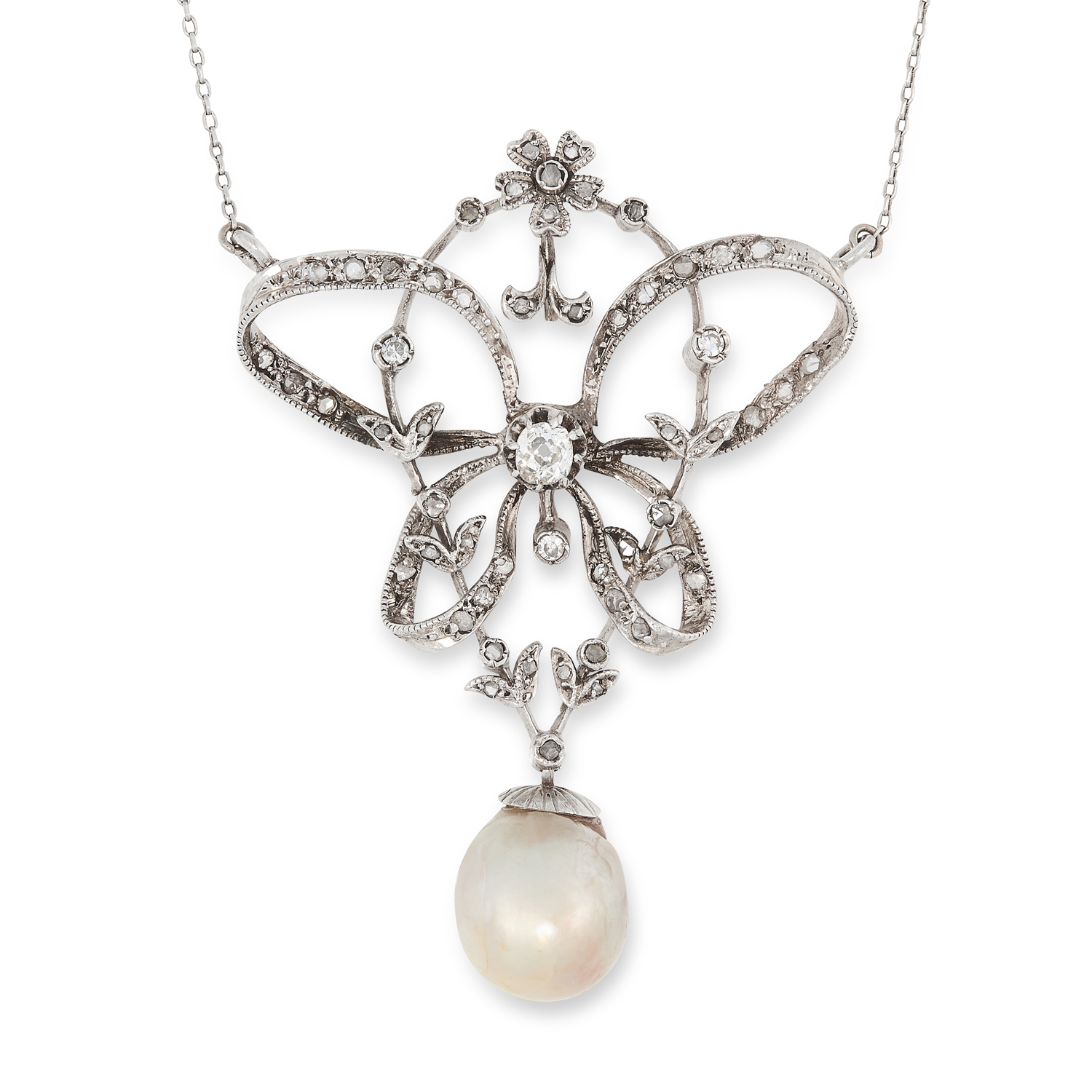 AN ANTIQUE NATURAL PEARL AND DIAMOND PENDANT NECKLACE in an open framework design, set with old