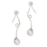 A PAIR OF DIAMOND AND PEARL EARRINGS each designed as a coiled diamond set motif, with a pink