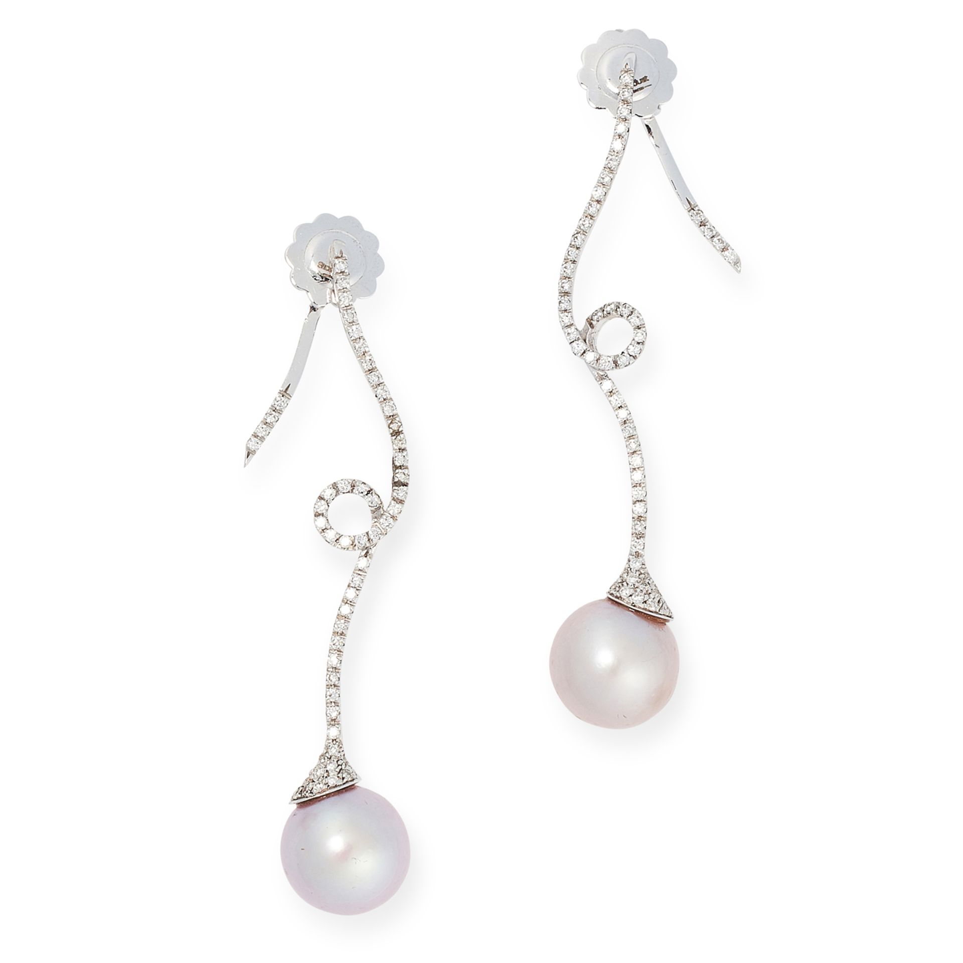 A PAIR OF DIAMOND AND PEARL EARRINGS each designed as a coiled diamond set motif, with a pink