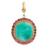 AN ANTIQUE EMERALD AND RUBY PENDANT in yellow gold, comprising of a cabochon cut emerald of 78.10