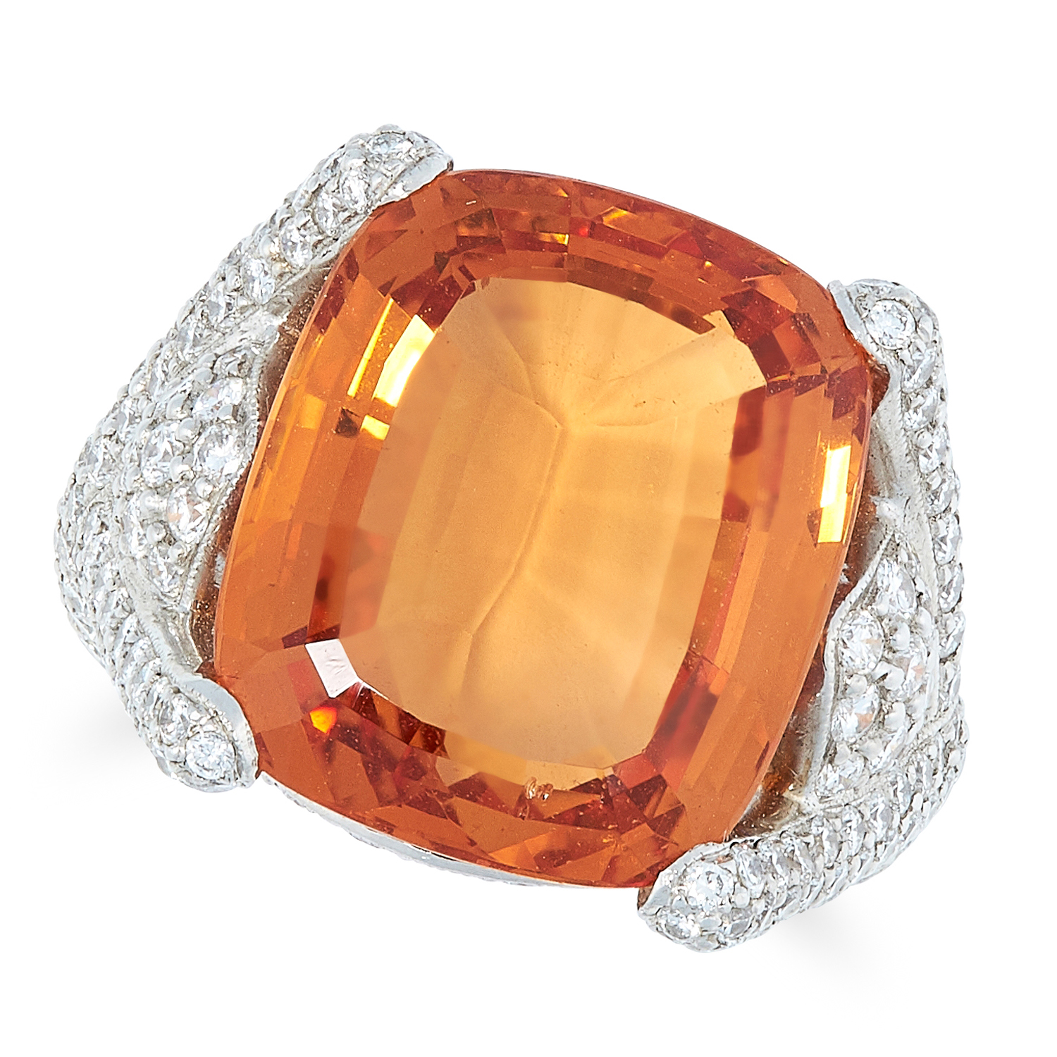 A 16.98 CARAT IMPERIAL TOPAZ AND DIAMOND DRESS RING, HENNELL set with a cushion cut imperial topaz