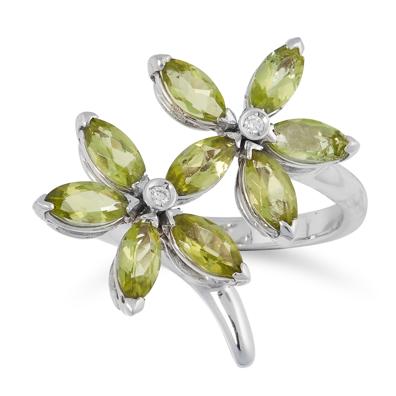 A PERIDOT AND DIAMOND FOWER RING comprising of two flowers set with marquise cut peridot and round