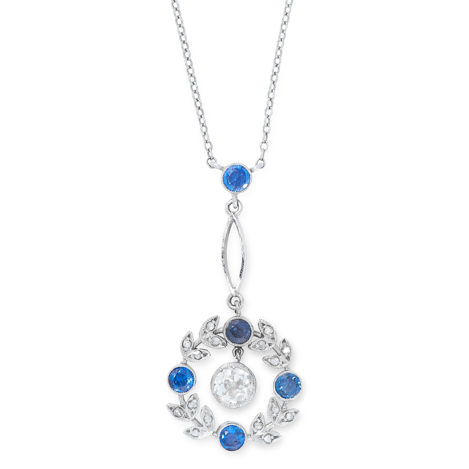 A SAPPHIRE AND DIAMOND PENDANT NECKLACE comprising of a foliate border set with rose cut diamonds