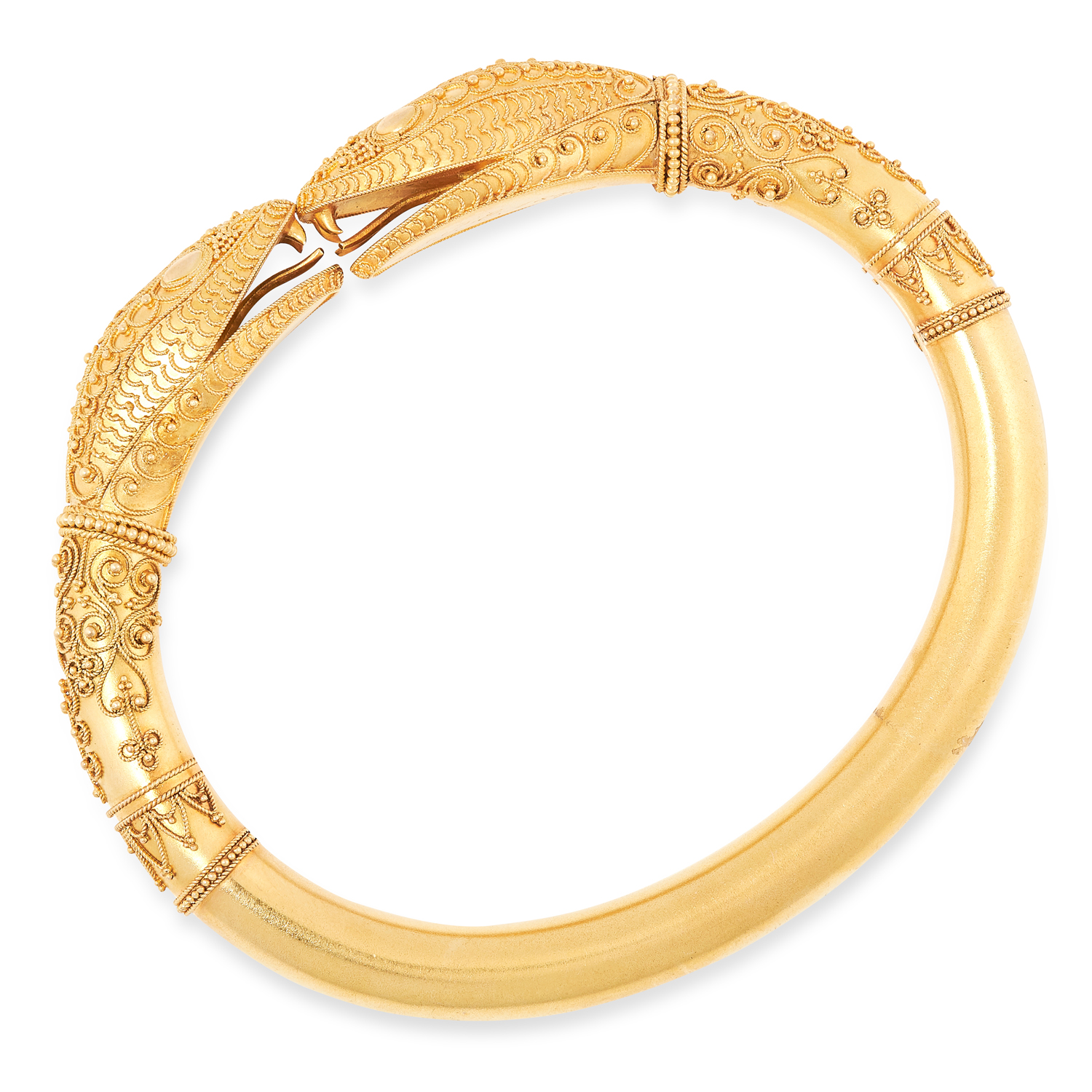 AN ANTIQUE DOUBLE SNAKE HEAD BANGLE, CIRCA 1879 in high carat yellow gold, the body designed as a - Image 2 of 2