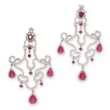 A PAIR OF RUBY AND DIAMOND CHANDELIER EARRINGS in 18ct white gold, the articulated bodies set with