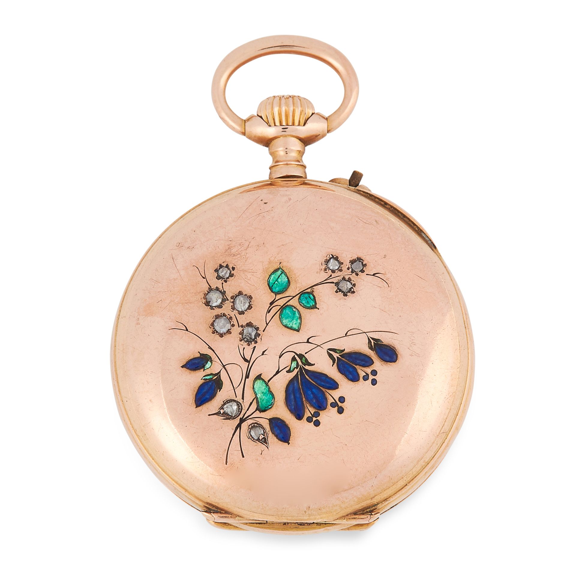 AN ANTIQUE ENAMEL AND DIAMOND POCKET WATCH in 18ct yellow gold, set with rose cut diamonds and - Bild 2 aus 2