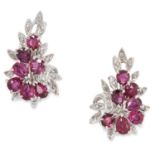 A PAIR OF RUBY AND DIAMOND CLUSTER EARRINGS, CIRCA 1950 in foliate design set with pear cut rubies