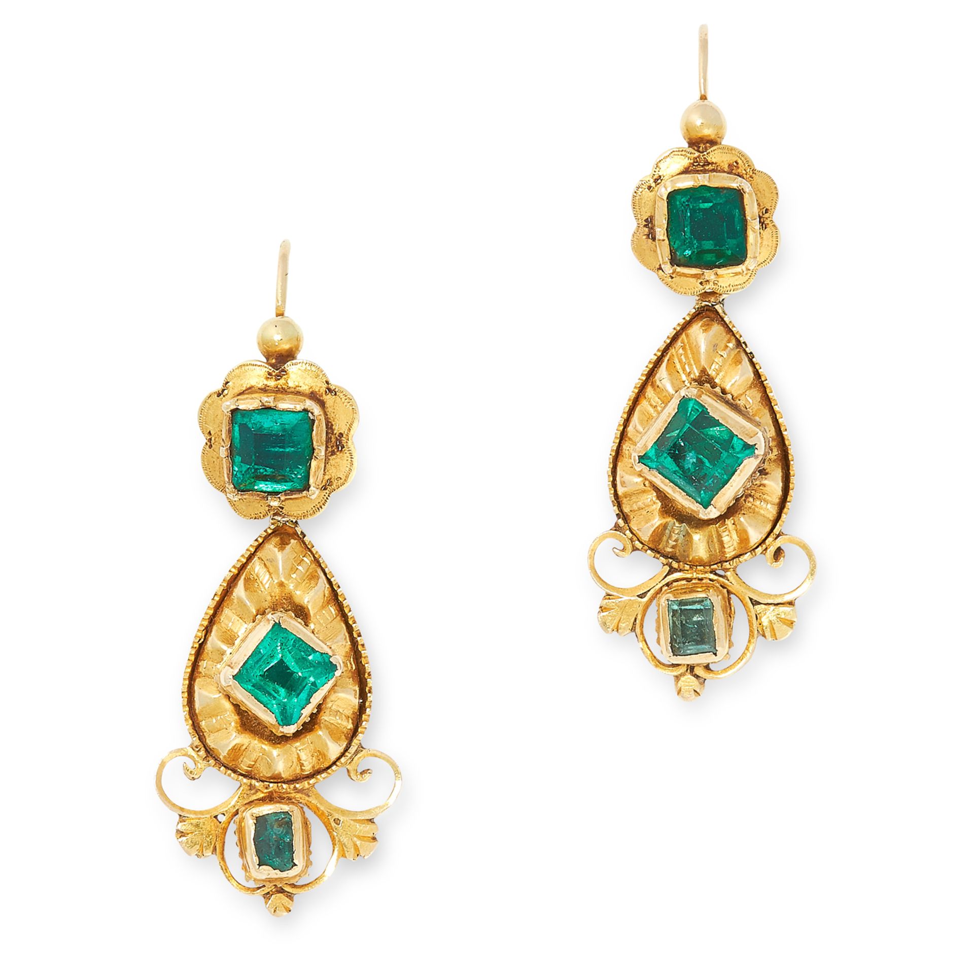 A PAIR OF ANTIQUE EMERALD EARRINGS, SPANISH CIRCA 1800 in high carat yellow gold, the articulated