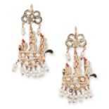 A PAIR OF ANTIQUE PEARL AND ENAMEL GALLEON SHIP EARRINGS in yellow gold, each designed as a three