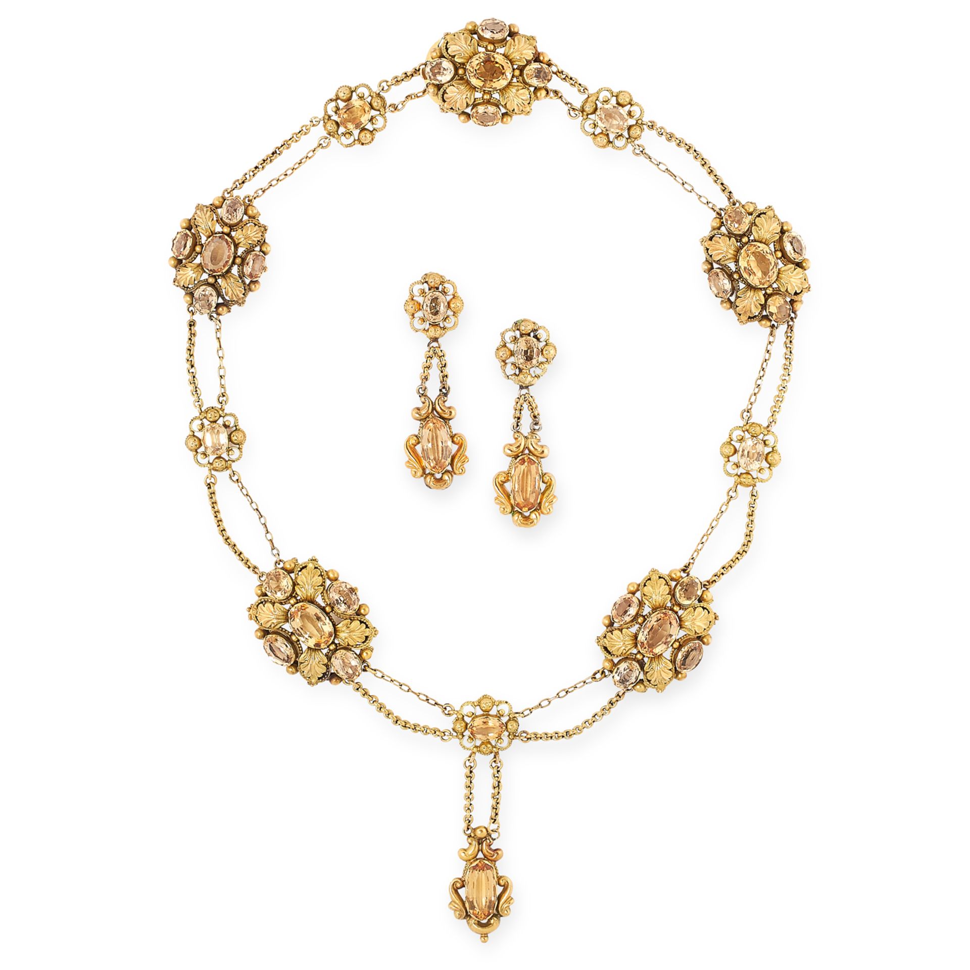 AN ANTIQUE IMPERIAL TOPAZ EARRING AND NECKLACE SUITE, 19TH CENTURY in yellow gold, each variously