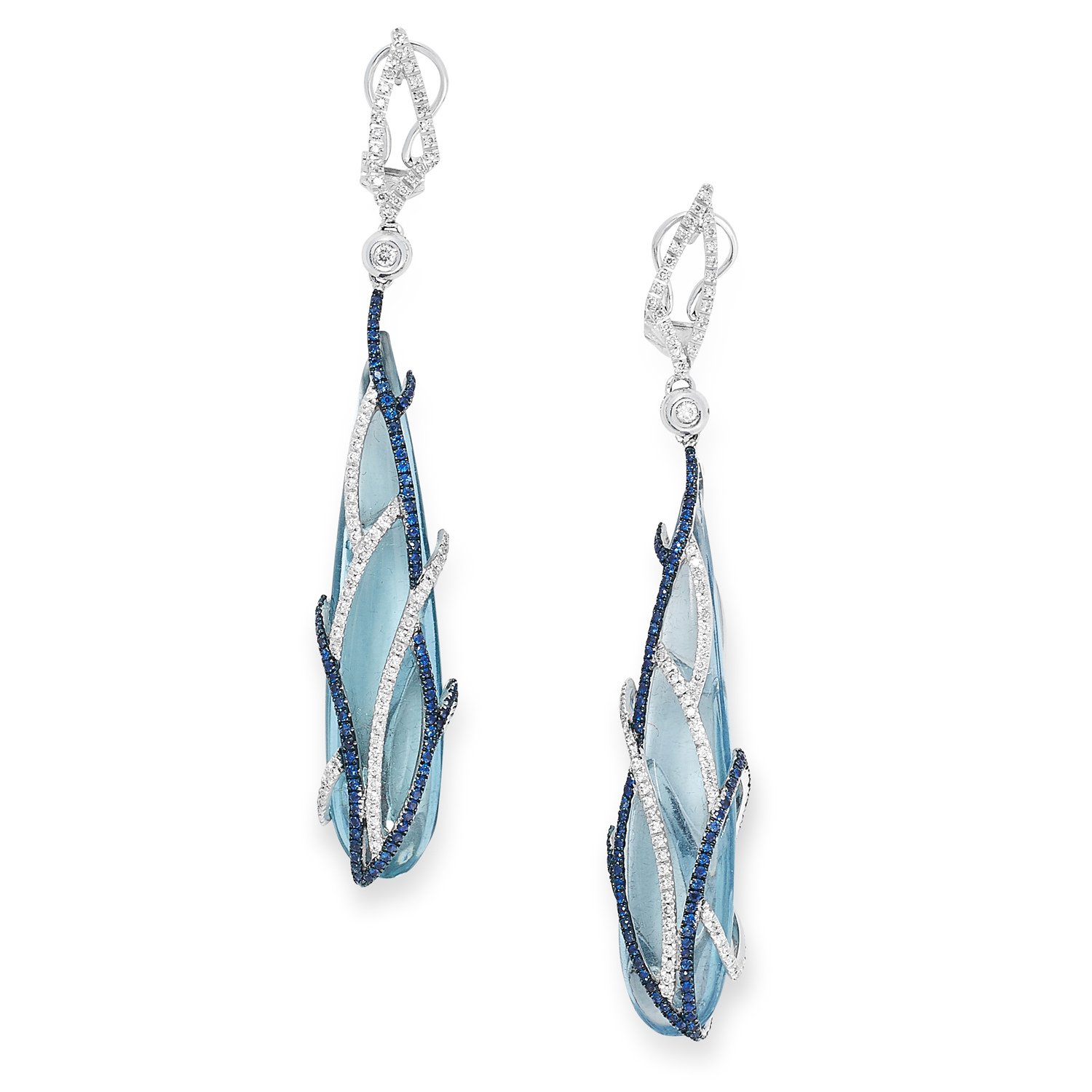 A PAIR OF DIAMOND, SAPPHIRE AND AQUAMARINE EARRINGS each comprising of a polished aquamarine drop