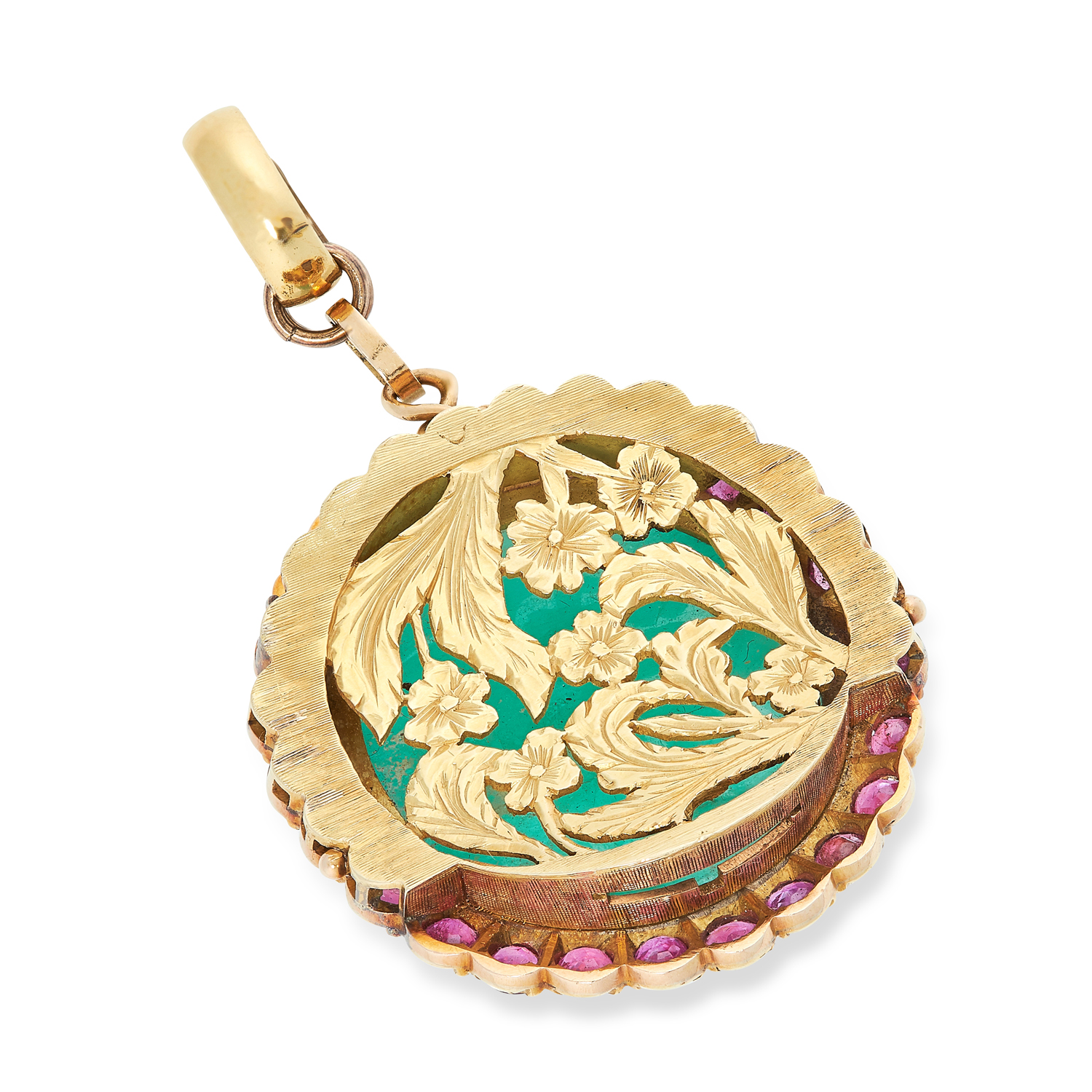 AN ANTIQUE EMERALD AND RUBY PENDANT in yellow gold, comprising of a cabochon cut emerald of 78.10 - Image 2 of 2
