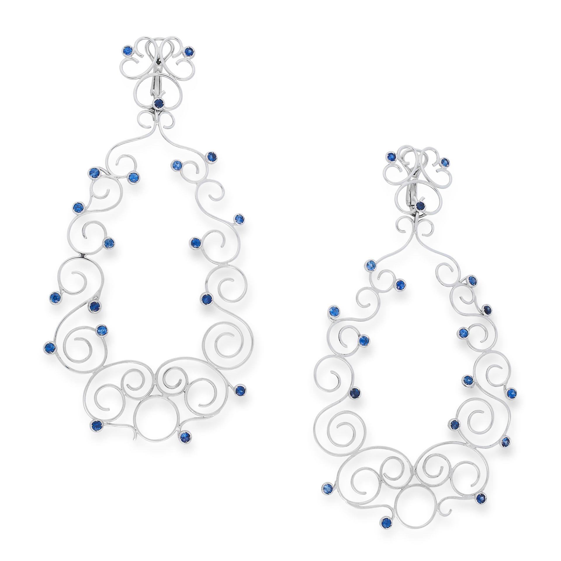A PAIR OF SAPPHIRE EARRINGS in open framework design comprising of scrolls, set with round cut