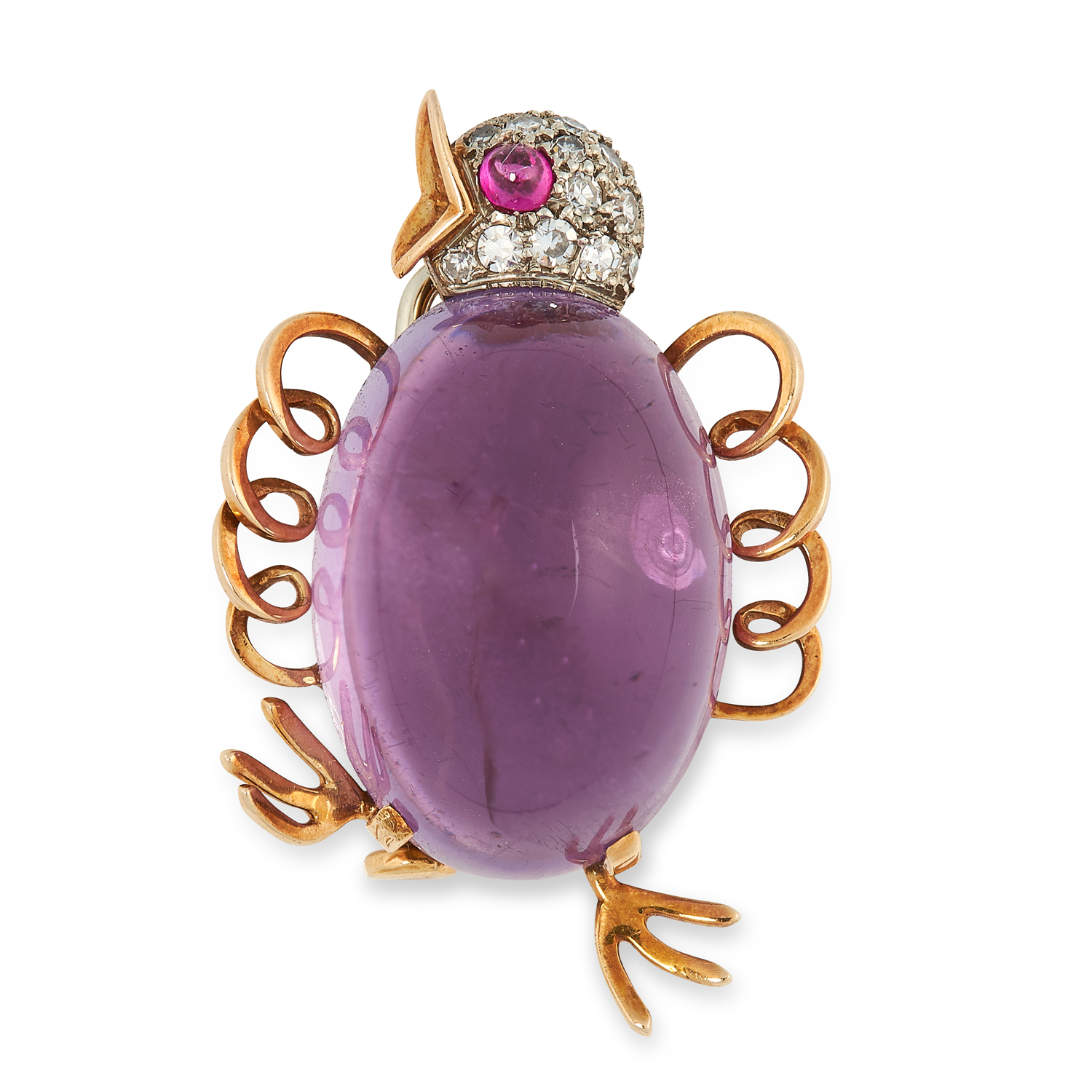 AN AMETHYST, RUBY AND DIAMOND CHICK BROOCH designed as a baby bird, set with a cabochon amethyst,