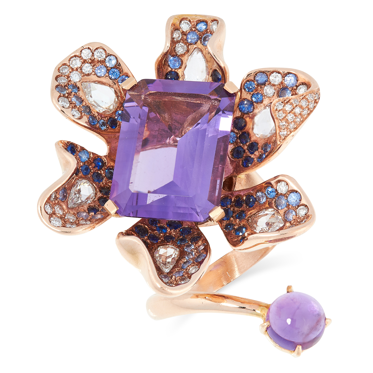 AN AMETHYST, DIAMOND AND SAPPHIRE FLOWER DRESS RING set with an emerald cut amethyst, pear rose