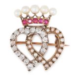 AN ANTIQUE PEARL, RUBY AND DIAMOND SWEETHEART BROOCH, 19TH CENTURY designed as two interlocking