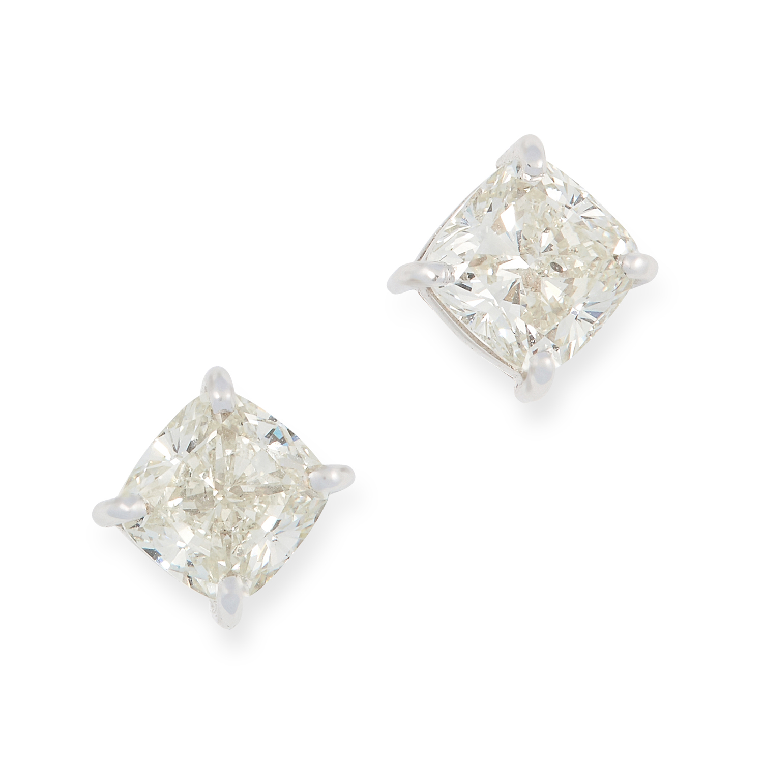 A PAIR OF 1.85 CARAT DIAMOND STUD EARRINGS set with square cushion cut diamonds, 0.5cm, 2.7g.