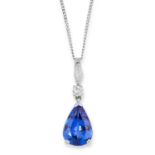 A 4.48 CARAT TANZANITE AND DIAMOND PENDANT AND CHAIN set with a pear brilliant cut tanzanite of 4.48