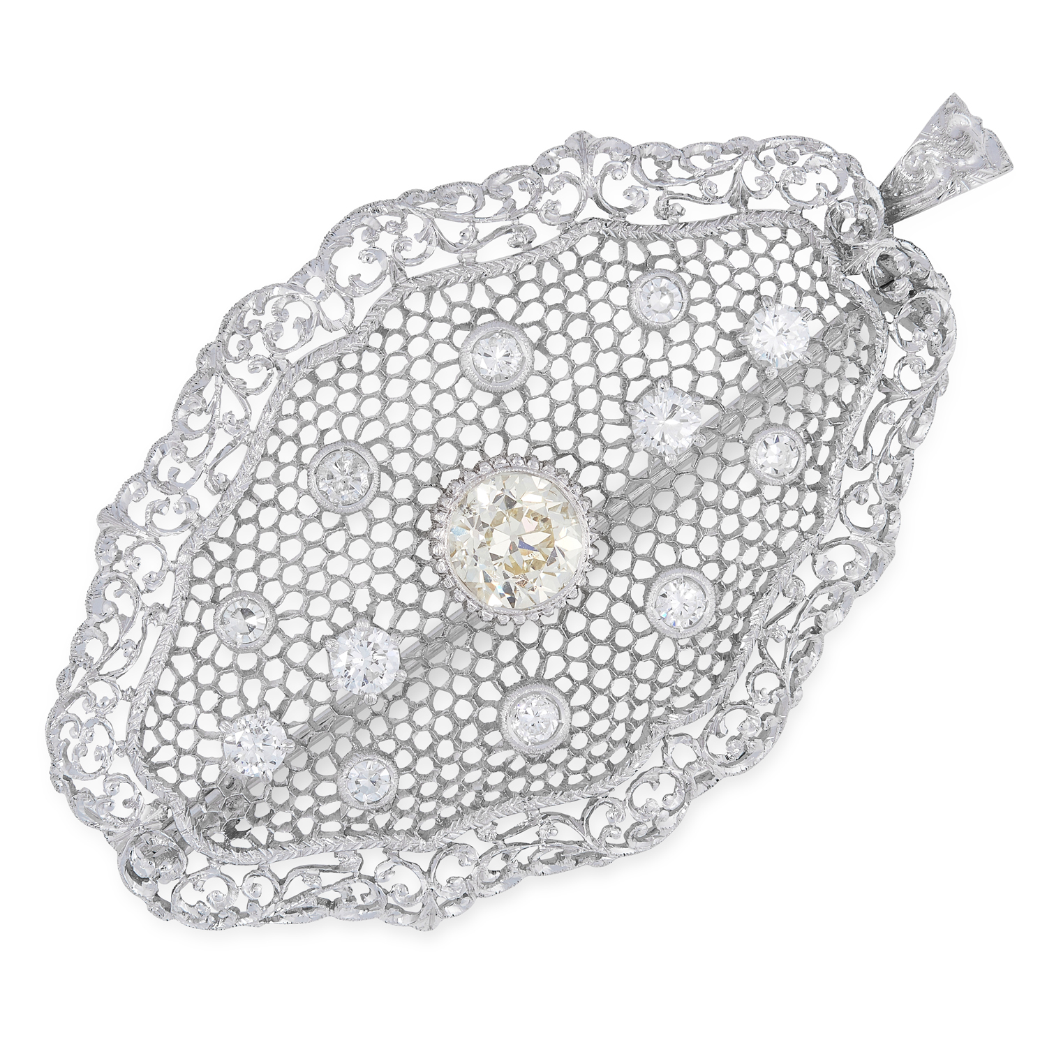 A DIAMOND BROOCH / PENDANT, BUCCELLATI in an open framework set with a central old round cut diamond