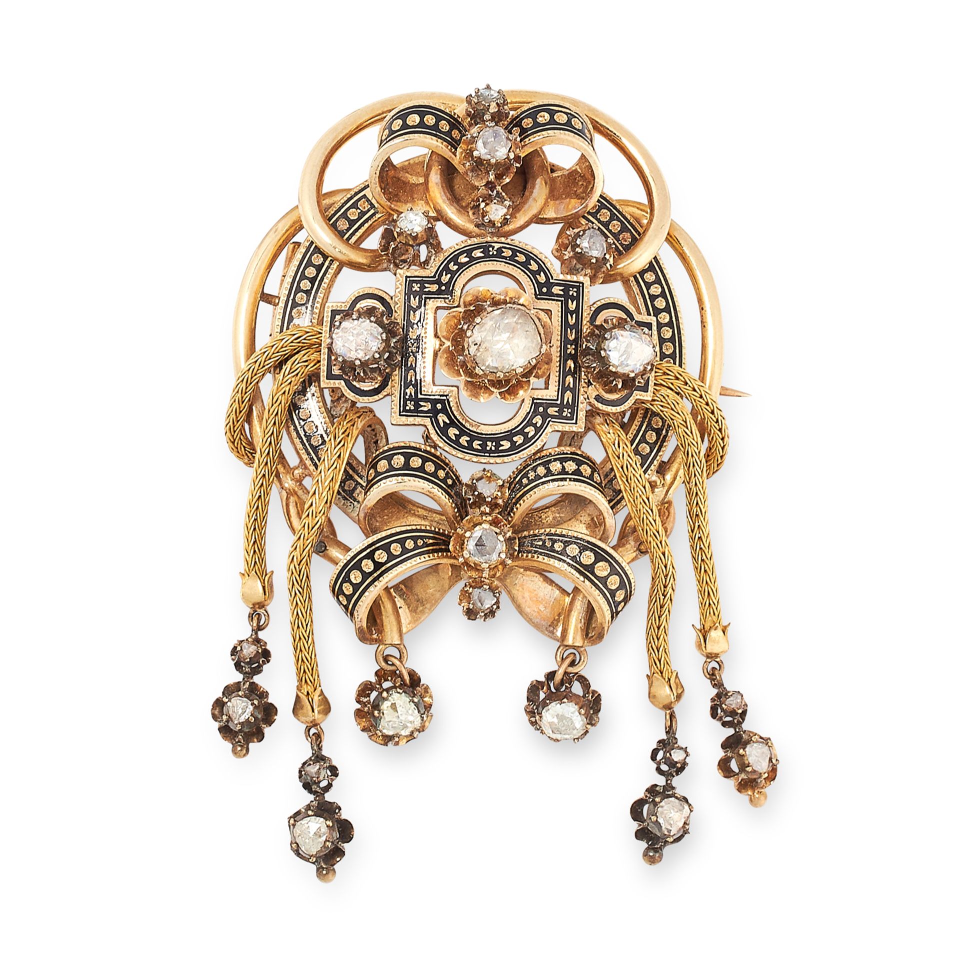 AN ANTIQUE DIAMOND AND ENAMEL TASSEL BROOCH, SPANISH 19TH CENTURY in yellow gold, set with a trio of