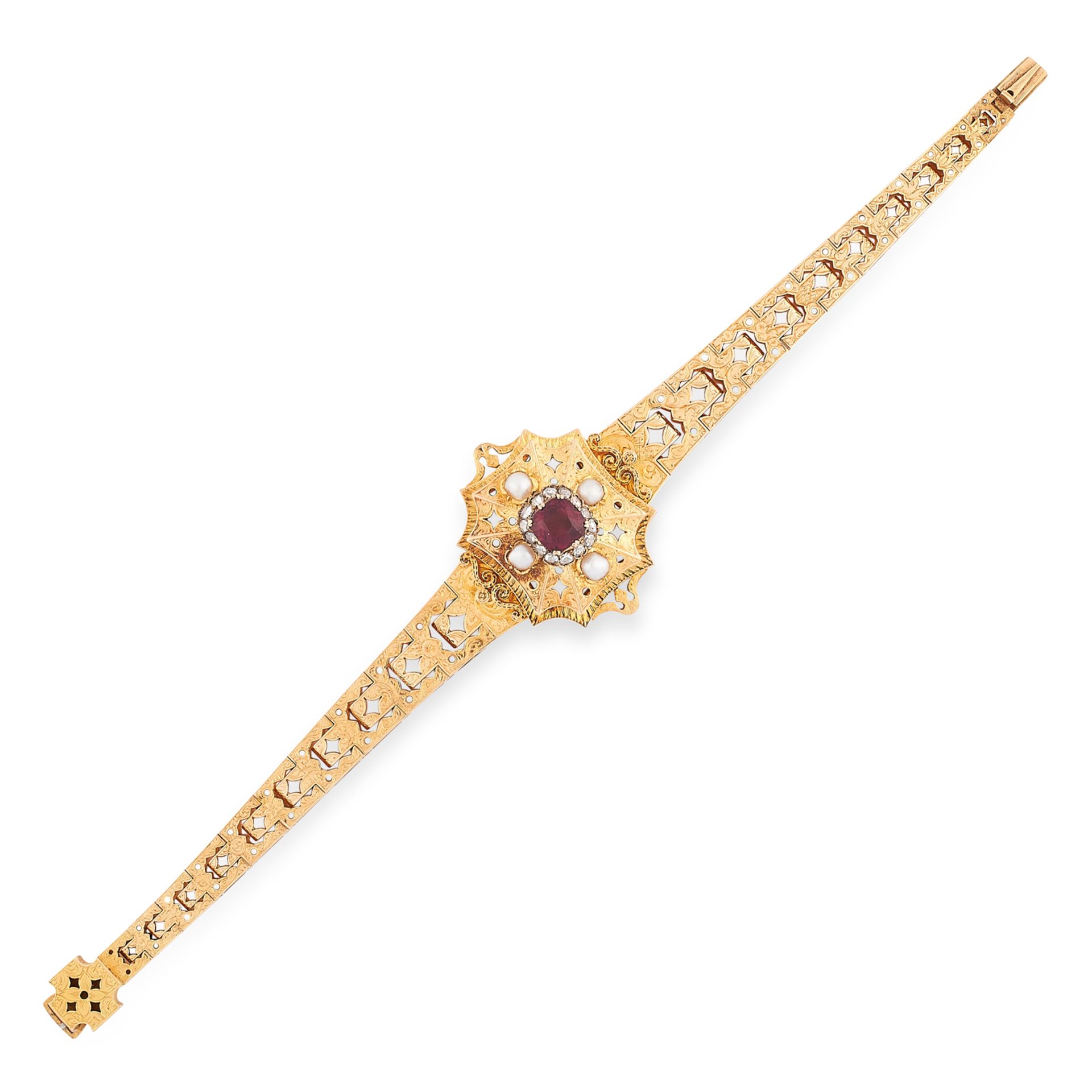 AN ANTIQUE GARNET, DIAMOND AND PEARL BRACELET, 19TH CENTURY in yellow gold, the tapering body with