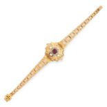 AN ANTIQUE GARNET, DIAMOND AND PEARL BRACELET, 19TH CENTURY in yellow gold, the tapering body with