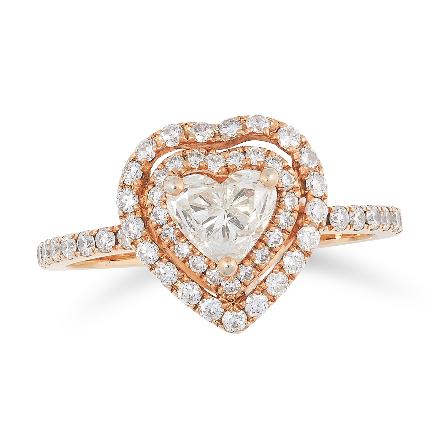 A HEART SHAPED DIAMOND RING set with a central heart cut diamond of 0.70 carats in a double halo