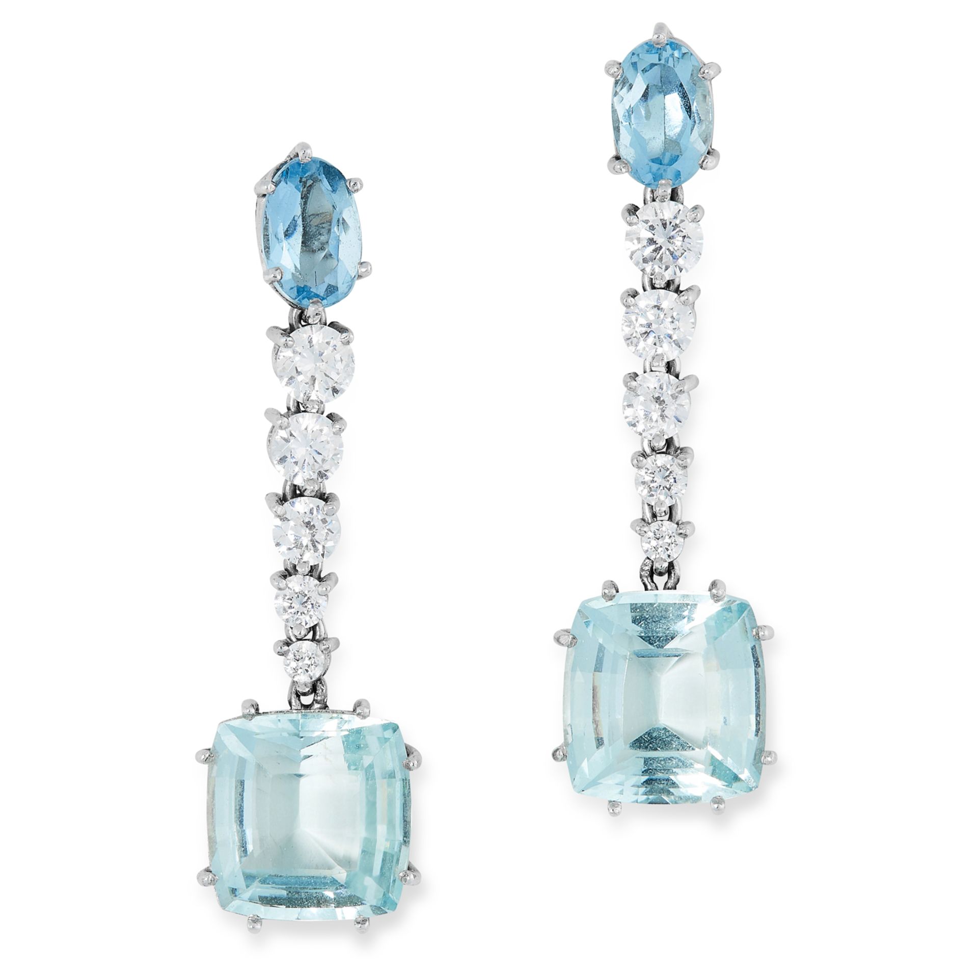 A PAIR OF AQUAMARINE AND WHITE SAPPHIRE EARRINGS in 18ct white gold, each set with an oval cut
