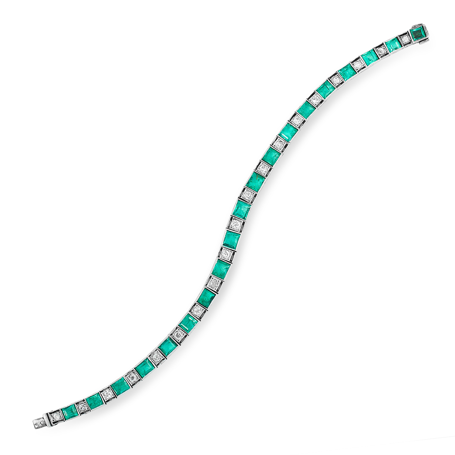 AN EMERALD AND DIAMOND LINE BRACELET set with round old cut diamonds and step cut emeralds, 19cm,