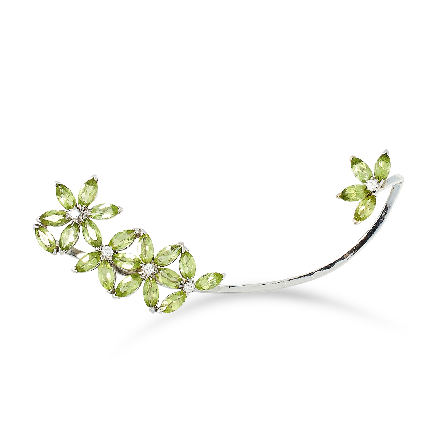 A PERIDOT AND DIAMOND EAR CUFF set with flowers formed of clusters of marquise cut peridots with