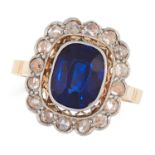 AN ANTIQUE SYNTHETIC SAPPHIRE AND DIAMOND CLUSTER RING, EARLY 20TH CENTURY in yellow gold, set