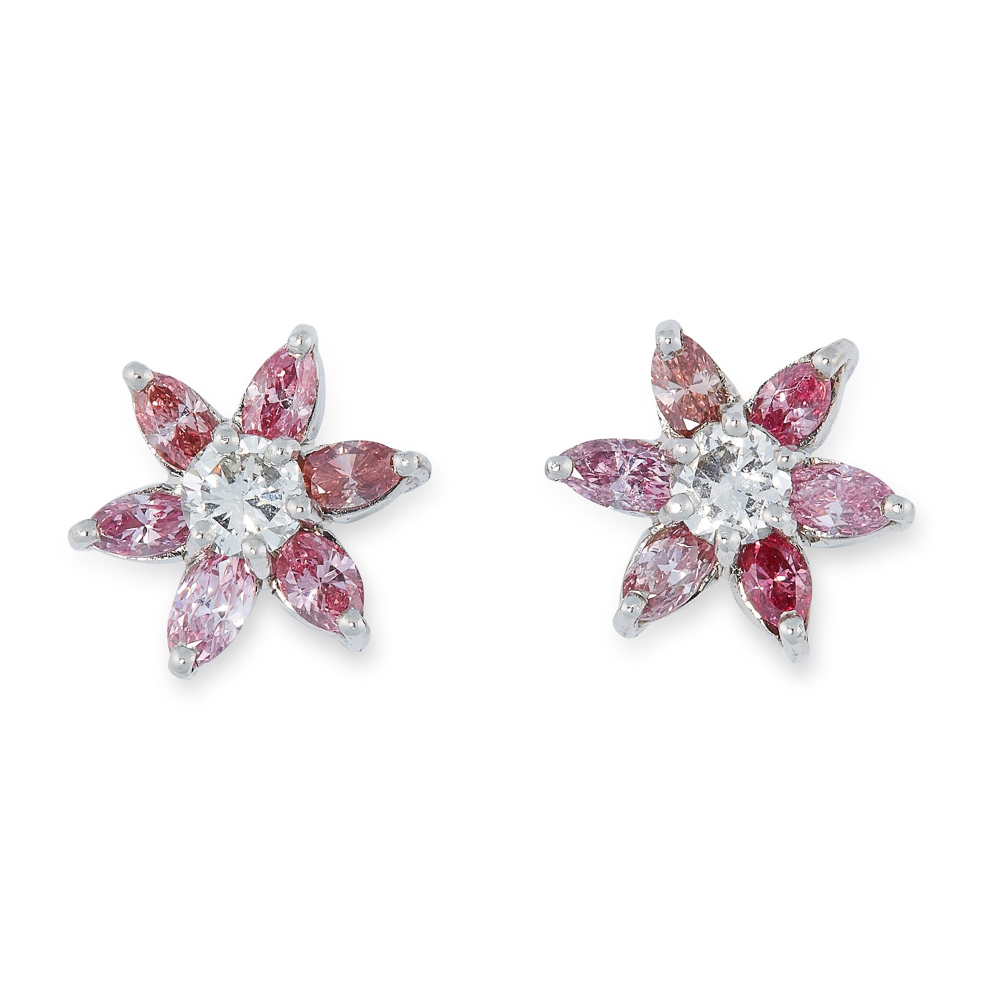 A PAIR OF PINK DIAMOND AND DIAMOND CLUSTER EARRINGS in platinum, each set with a round cut diamond