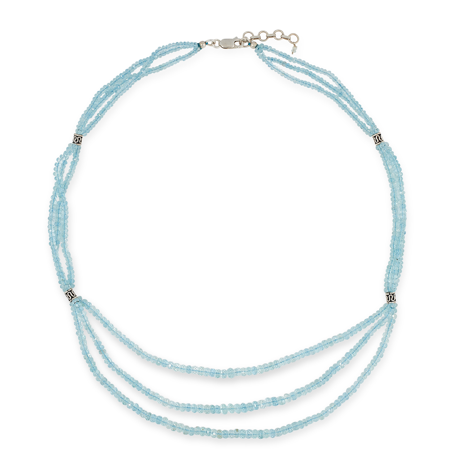 AN AQUAMARINE BEAD NECKLACE set with three rows of faceted aquamarine beads and four silver spacers,