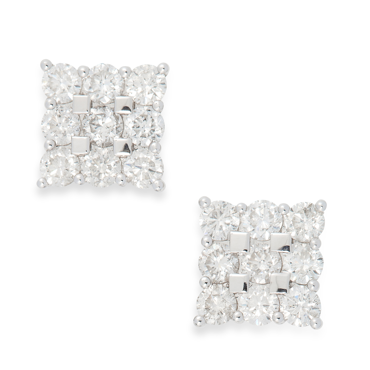 A PAIR OF DIAMOND CHECKERBOARD EARRINGS in 18ct white gold, in checkerboard design set with 2.73