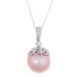 A PINK PEARL AND DIAMOND PENDANT AND CHAIN in 18ct white gold, set with a pink pearl of 12.4mm,
