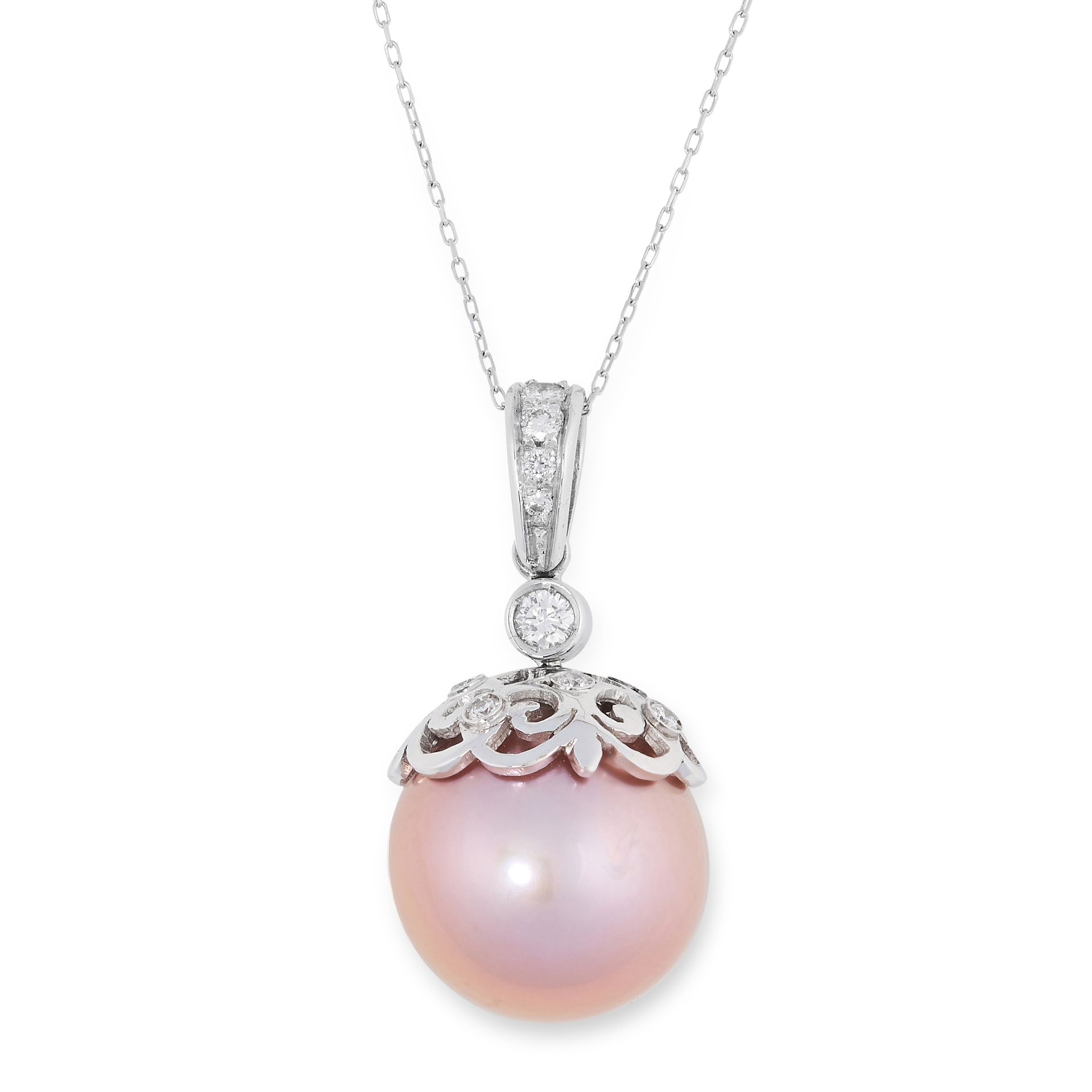 A PINK PEARL AND DIAMOND PENDANT AND CHAIN in 18ct white gold, set with a pink pearl of 12.4mm,