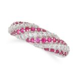 A RUBY AND DIAMOND BOMBE RING set with alternating rows or round modern brilliant cut rubies and