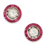 A PAIR OF DIAMOND AND RUBY TARGET EARRINGS set with round brilliant cut diamonds of approximately