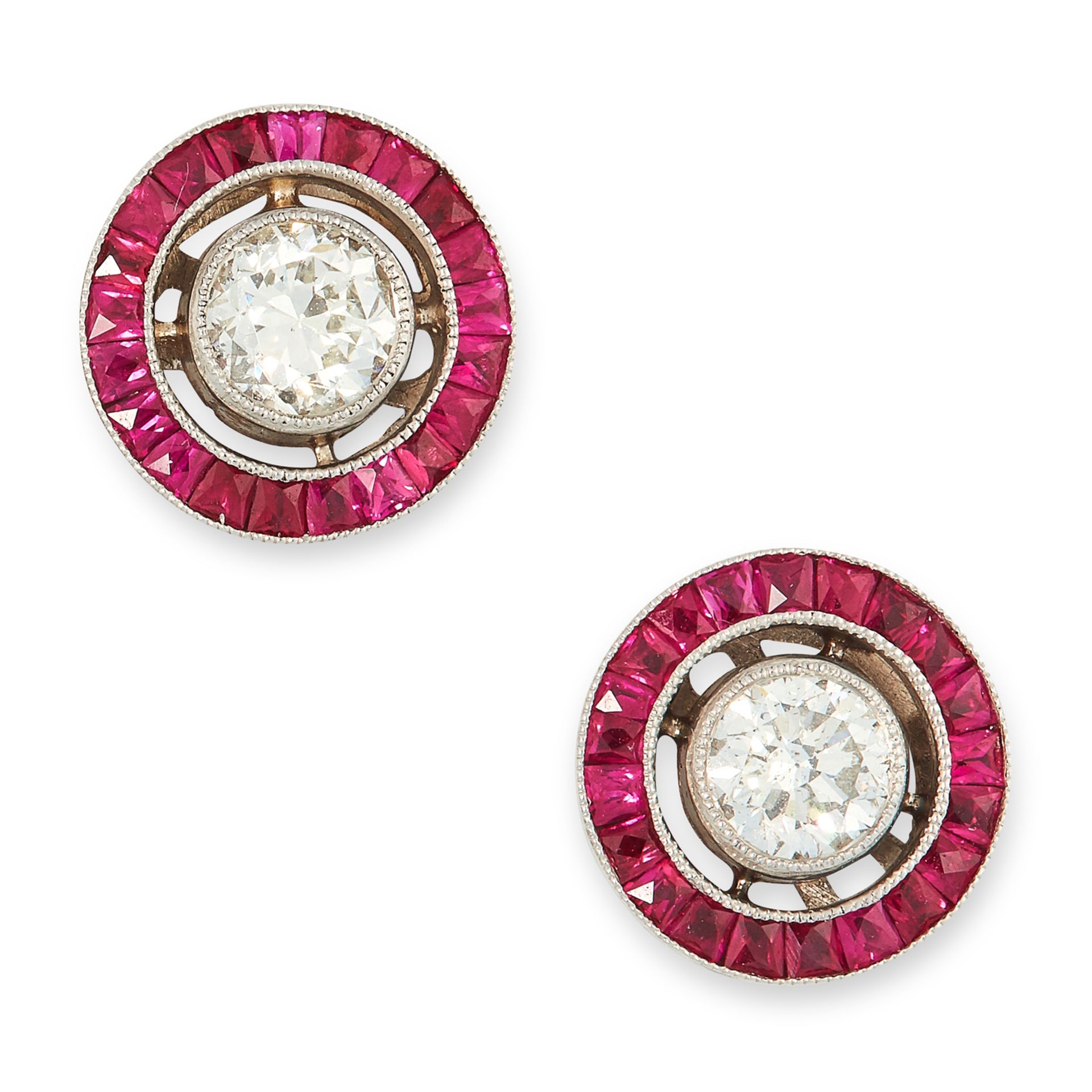 A PAIR OF DIAMOND AND RUBY TARGET EARRINGS set with round brilliant cut diamonds of approximately