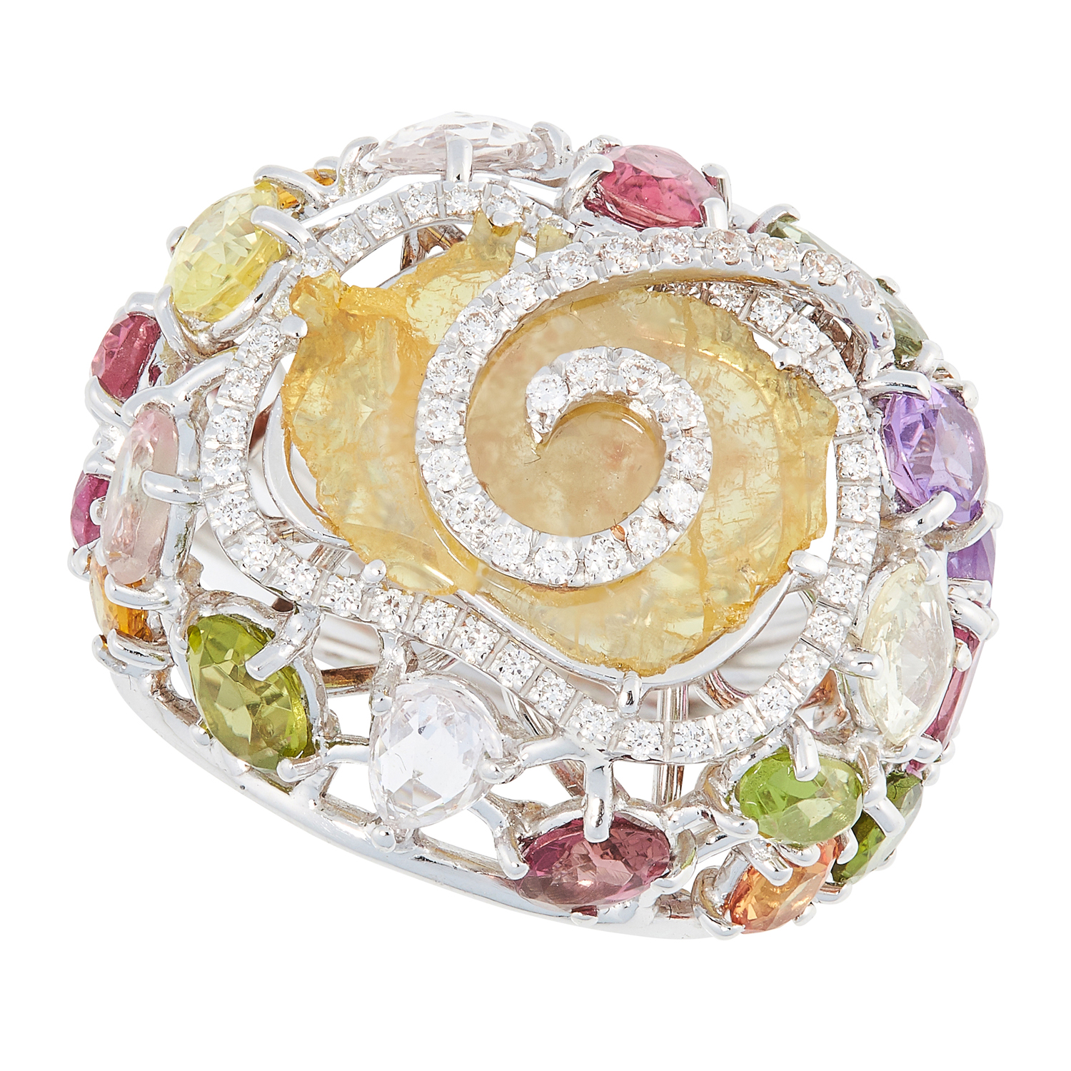 A DIAMOND AND FANCY COLOURED SAPPHIRE BOMBE RING set with a slice of yellow diamond, round brilliant