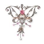 AN ANTIQUE PINK TOURMALINE AND DIAMOND BROOCH, CIRCA 1900 in yellow gold and silver, comprising