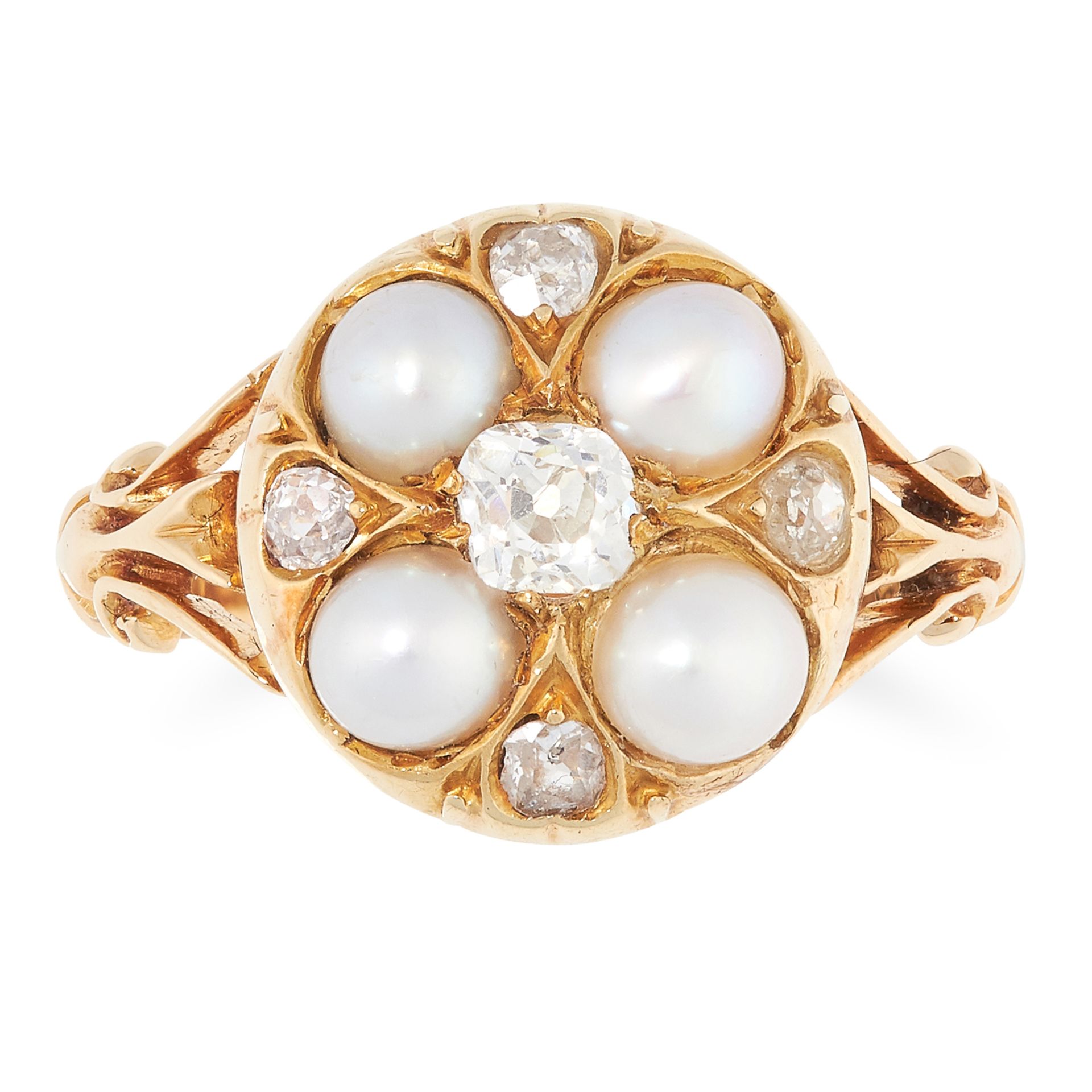 AN ANTIQUE PEARL AND DIAMOND CLUSTER RING set with old cut diamonds and four pearls, size O / 7, 5.