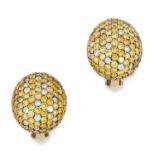 A PAIR OF YELLOW AND WHITE DIAMOND EARRINGS in 18ct yellow gold, pave set with round cut yellow